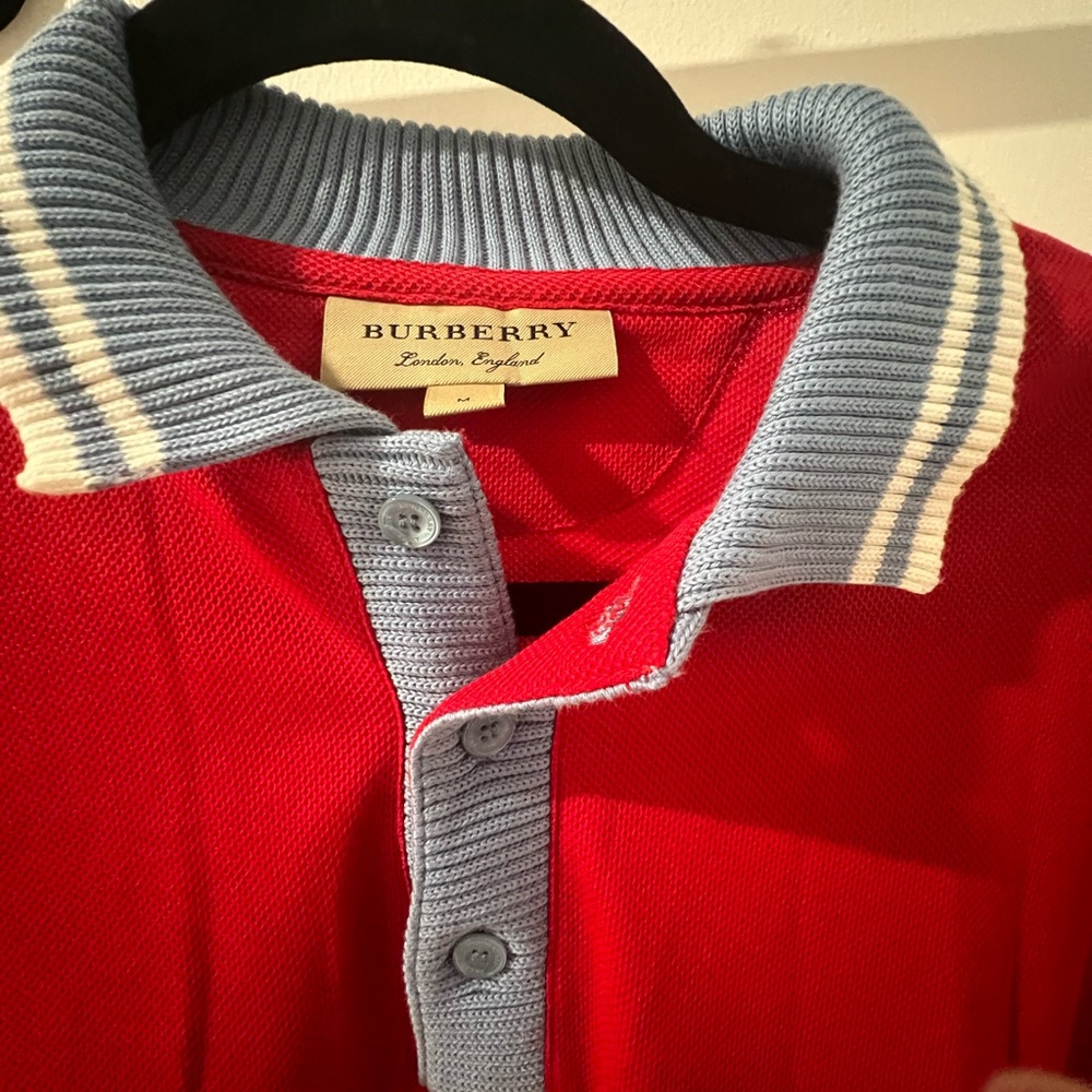 Burberry Red Polo with Light Blue Collar and Ribbed Details